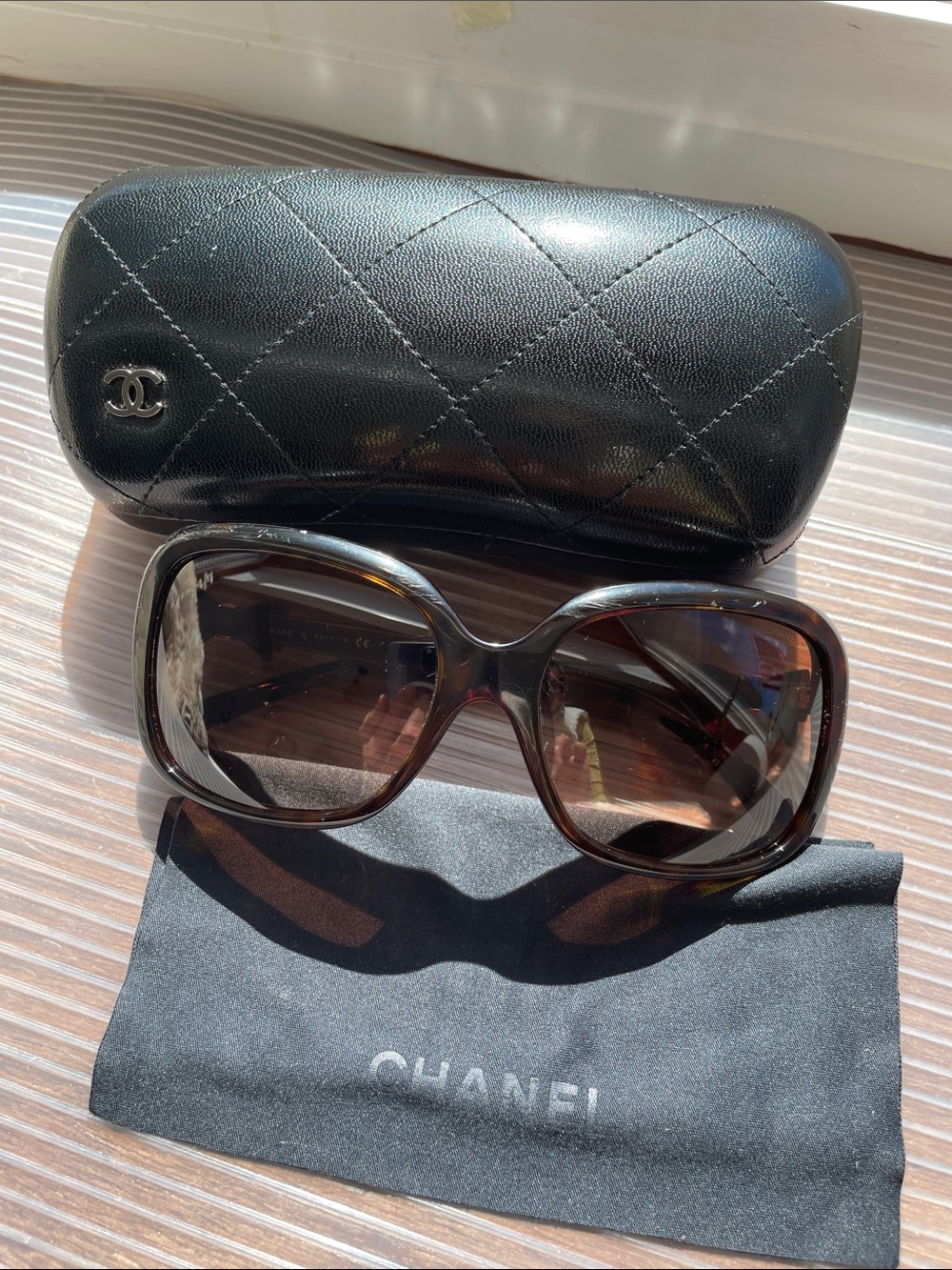 CHANEL Tortoiseshell Sunglasses with Black Quilted Case and Logo Hardware